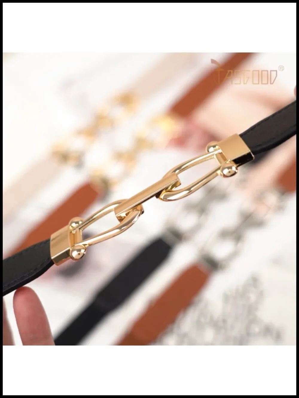 Women's Skinny Elastic Belt with Gold Buckle, Thin Stretch Waist Belt